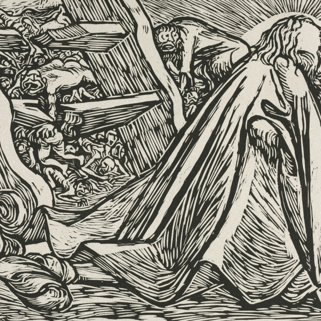 20th century woodcut of Man in robe looking back at chaotic scene including coffins and skulls, from 'The Transformations of God: The Divine Beggar' 1921 Ernst Barlach (German, 1870–1938)
