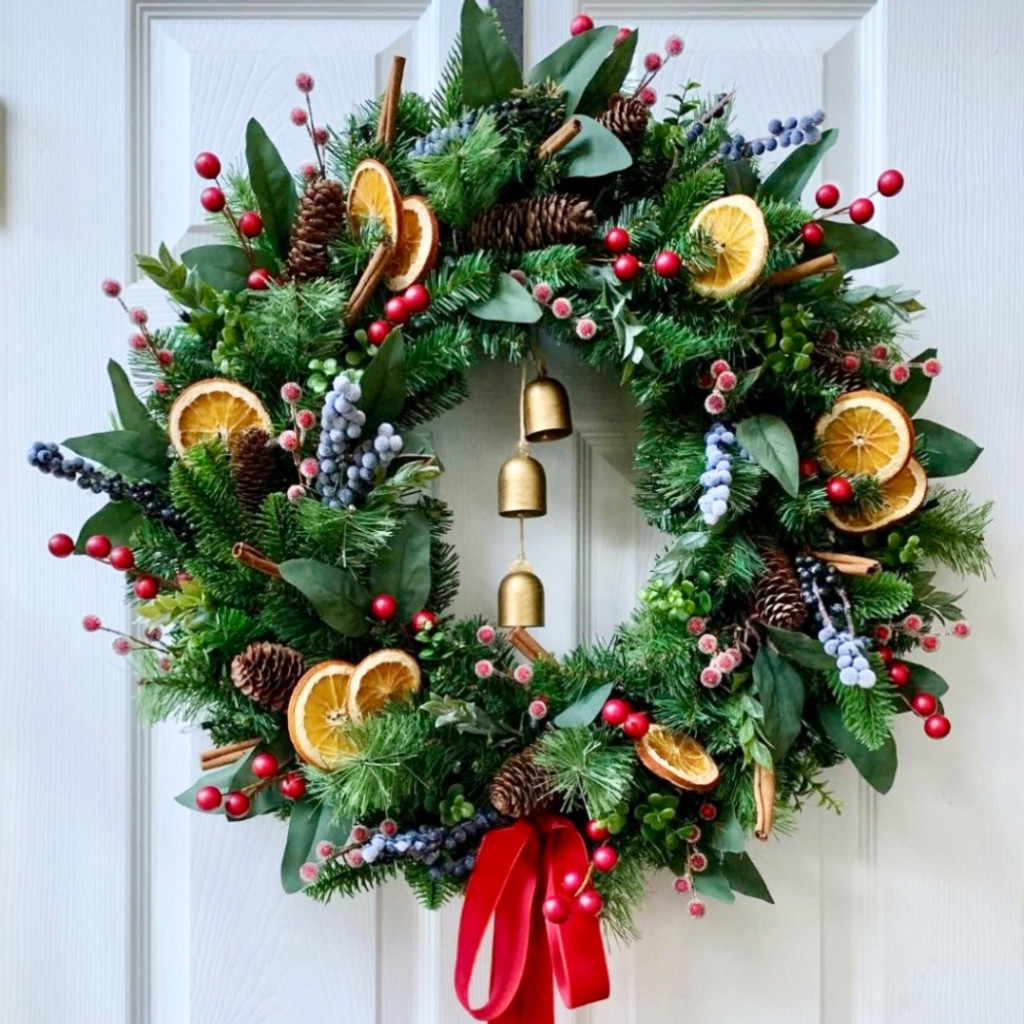 Christmas Wreath with colourful, festive touches.