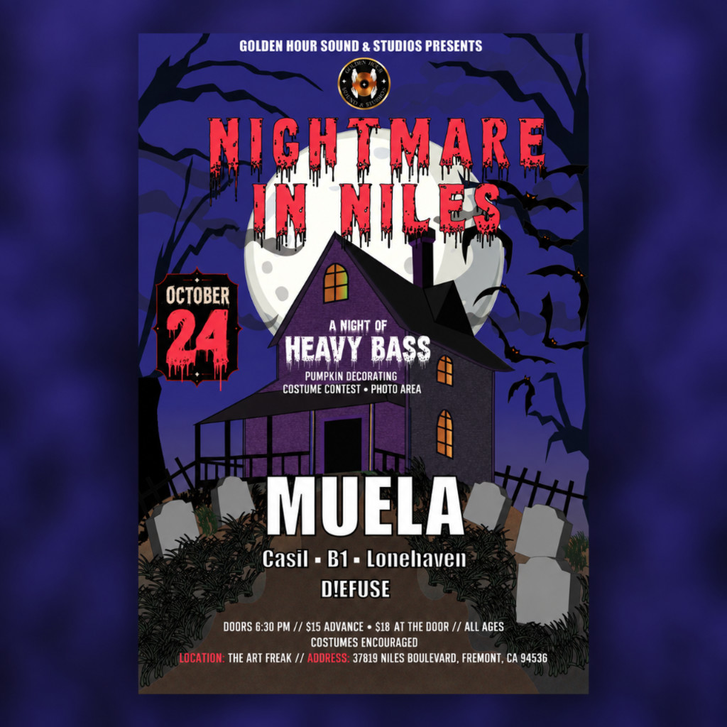 Show flyer for Nightmare in Niles featuring MUELA. with Casil, B1, Lonehaven, and D!EFUSE at The Art Freak in Fremont, California, on Saturday, October 24, 2026.