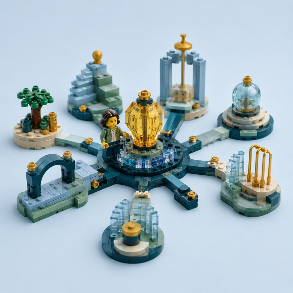 LEGO minifigure beside a gold capability model connected to several structures, representing professional capabilities that carry across roles and career changes.