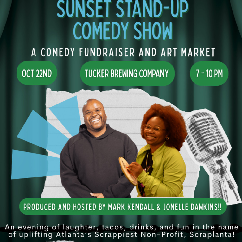 Sunset Stand-up Comedy Show with a microphone and stages lights "an evening of fun, laughter, and crafting. Uplights Atlanta Sustainable Arts Community"