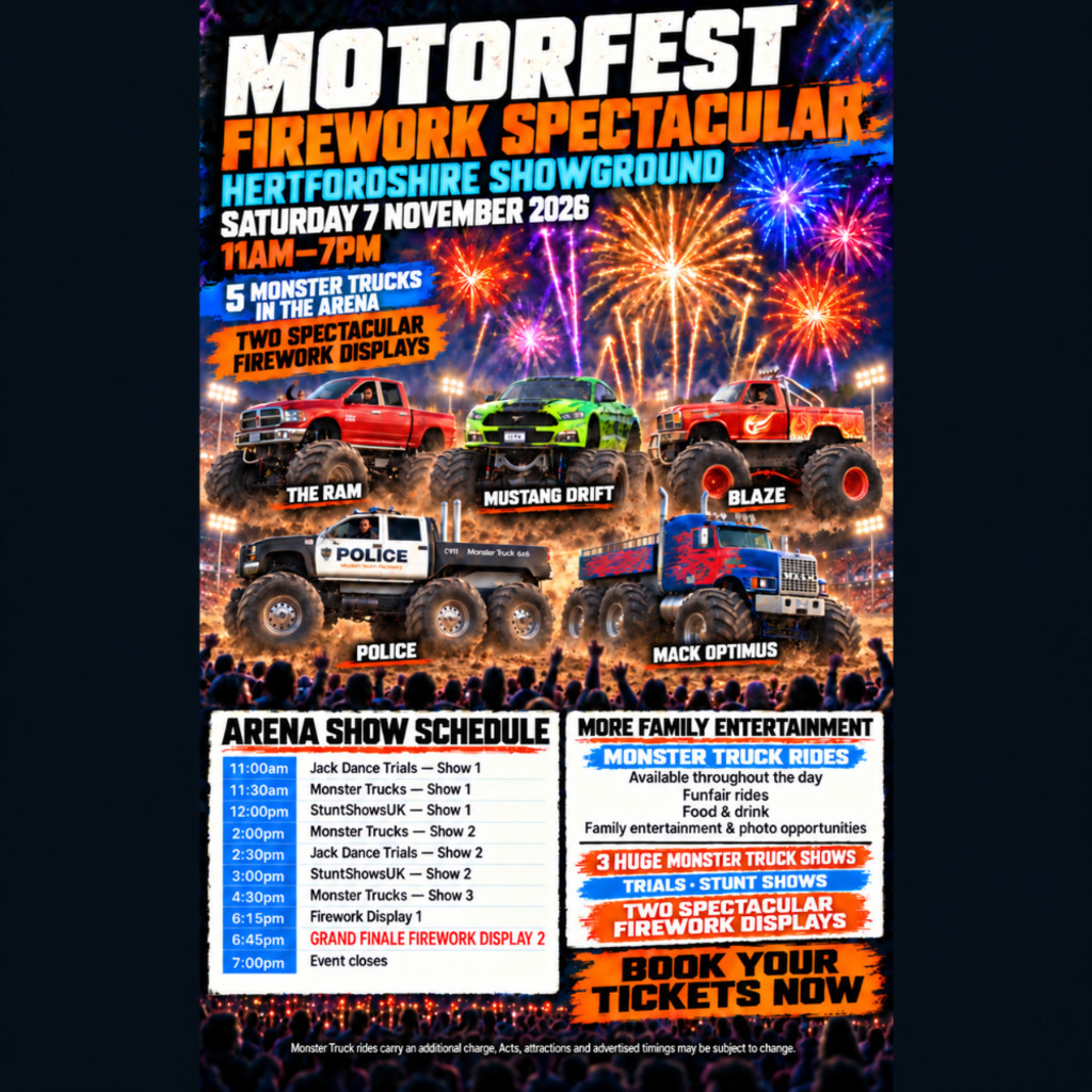Hertfordshire Motorfest Firework Spectacular poster with full arena schedule