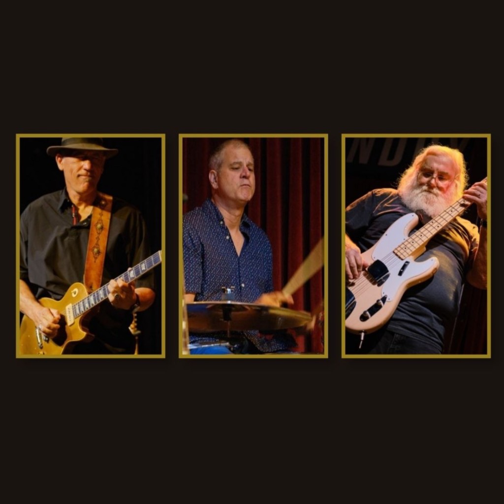 Terraplane Blue band photo: guitarist, drummer, and bassist shown in three gold-framed panels on a black background, performing live at David's 105 Listening Room in Monroe, GA.