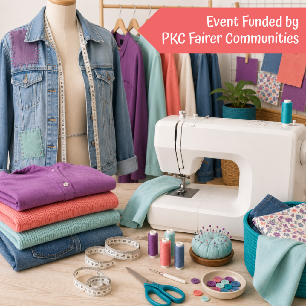A range of clothes, sewing accessories, sewing machine and patched denim jacket