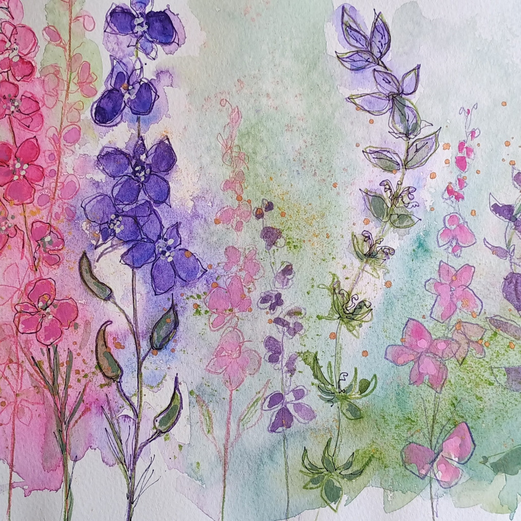 Painting of larkspur in an expressive multi-media style