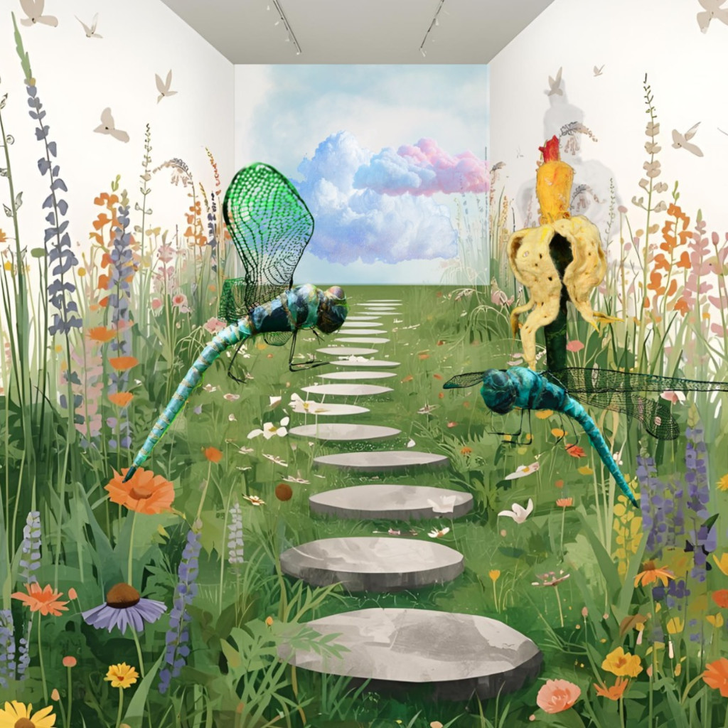 A computer generate image of The Garden installation filled with colourful flowers, two dragon flies, clouds and a sculpture