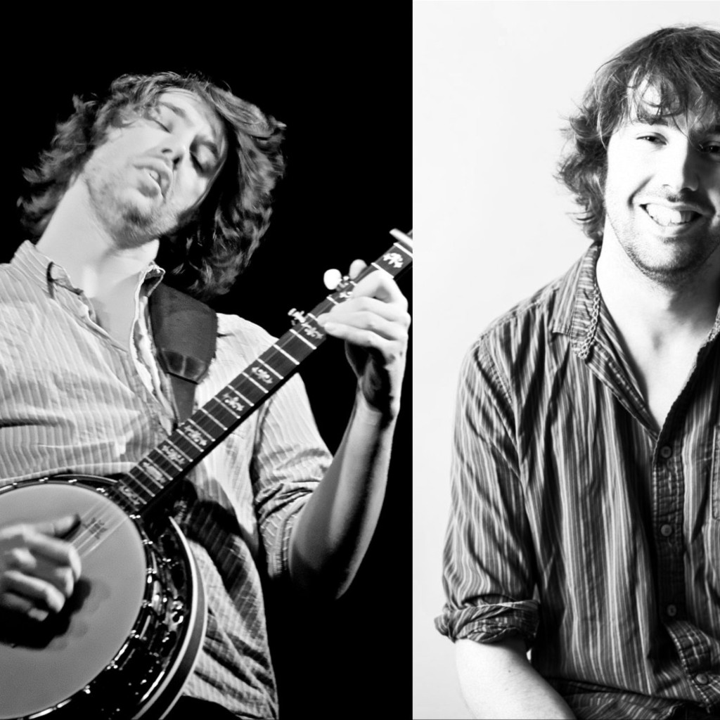 The image features two black & white images of Dan Walsh side-by-side. In the left image he is standing playing a banjo and in the right image he is sitting smiling at the camera