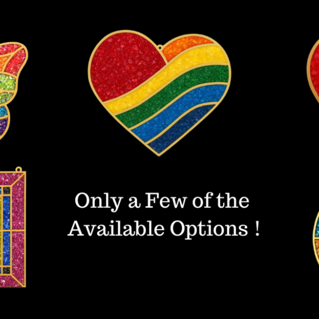 Colorful mosaic-style designs featuring hearts, a butterfly, circular and square patterns, and a turtle on a black background, with the text “Only a Few of the Available Options!”