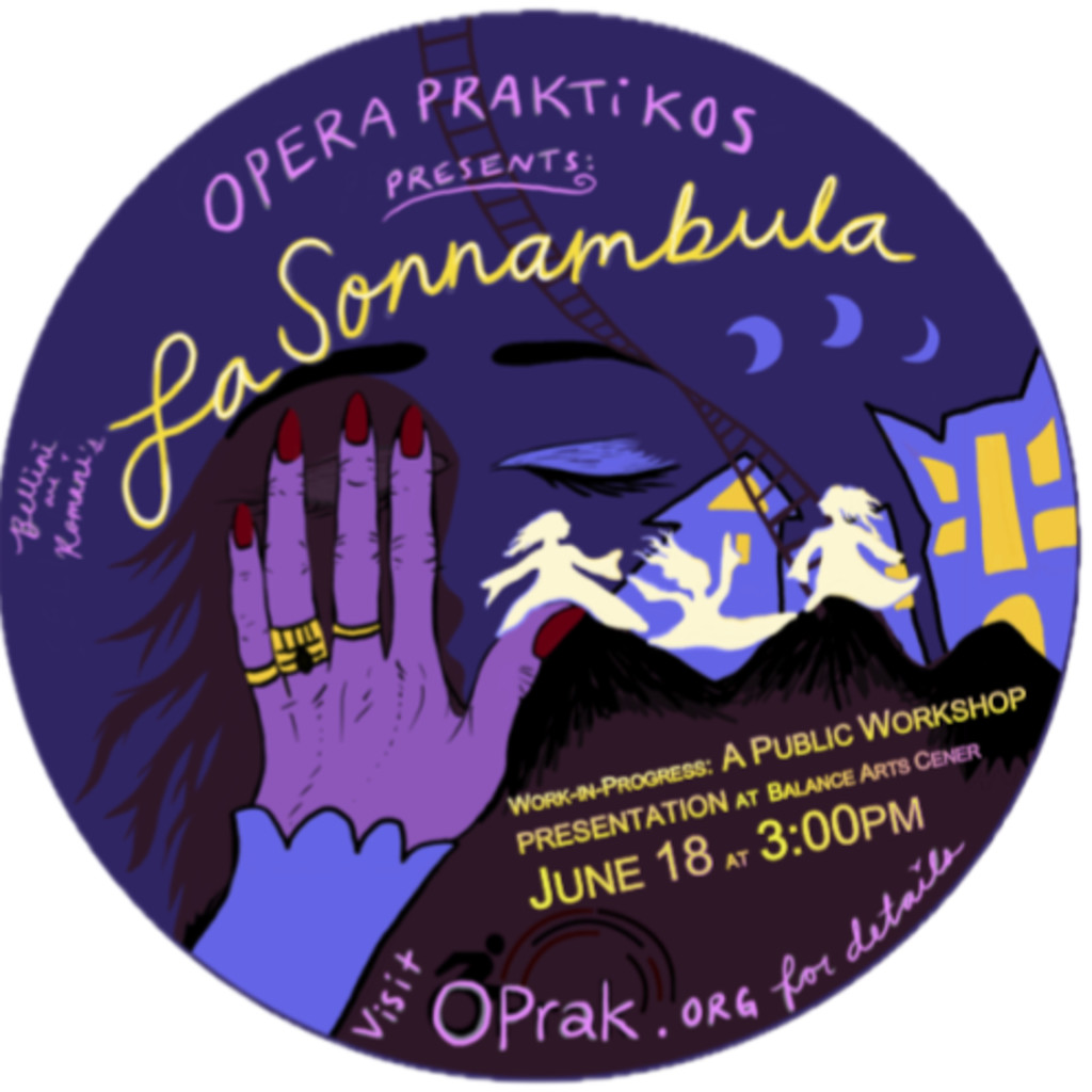 Illustration of a hand hiding the face of a woman with eyes closed,;ghostly white figures dance in the distance. Title handwritten - La Sonnambula