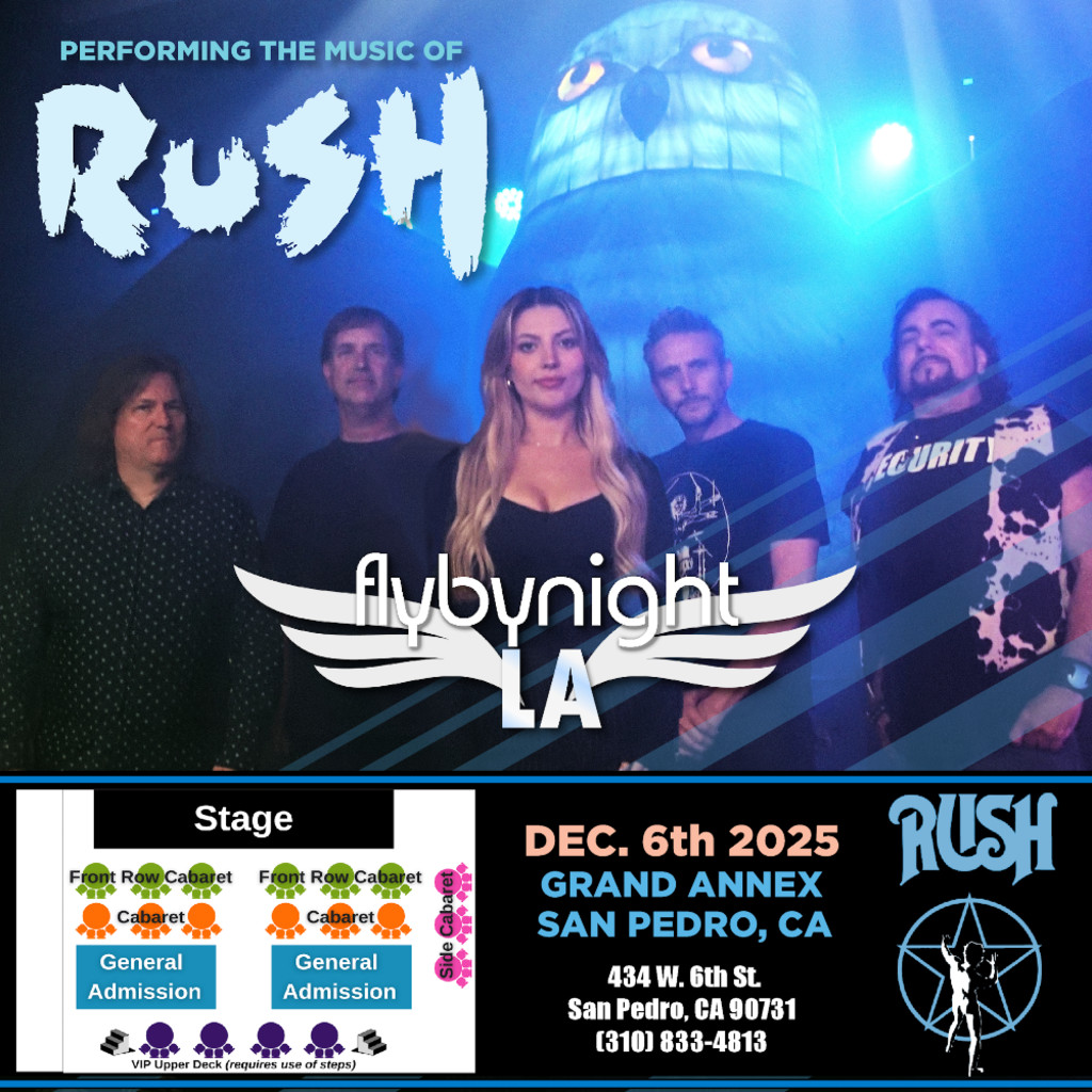 Fly By Night LA band photo with seating chart for Grand Annex San Pedro CA