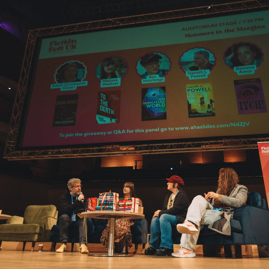 Moments from FFUK, authors on the auditorium stage and groups of people