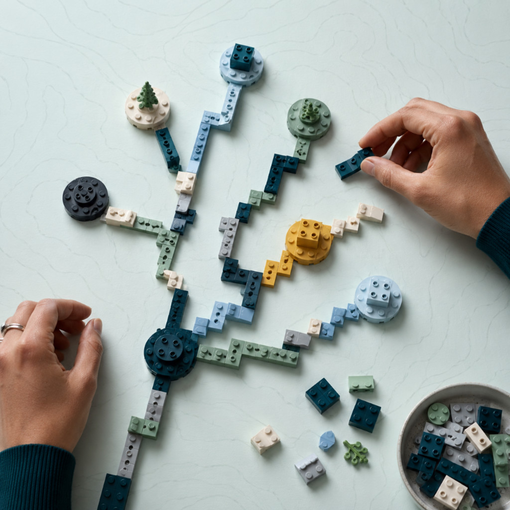 Hands arranging teal, green, blue, and gold building bricks into a branching career map with several possible paths.