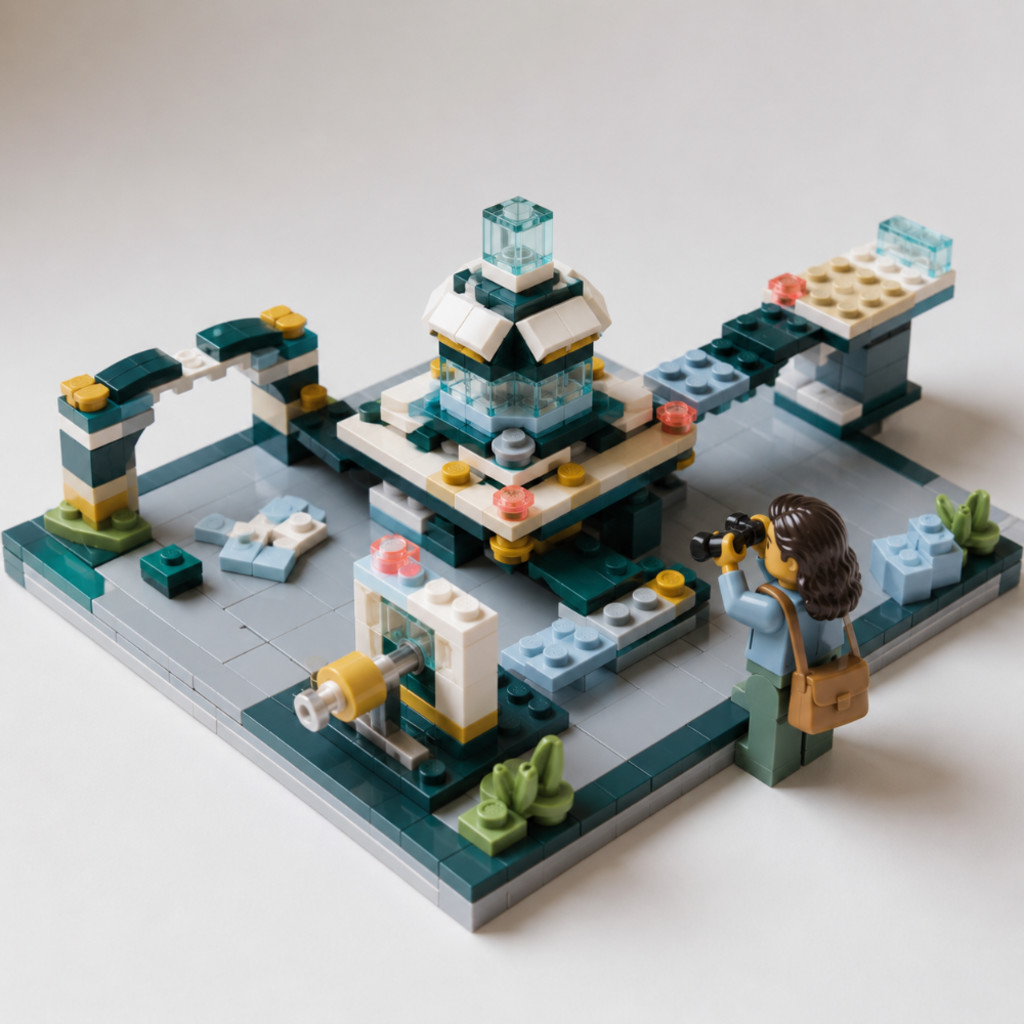 LEGO minifigure using binoculars to examine a small career experiment with test stations, unfinished paths, and gaps representing assumptions to investigate.
