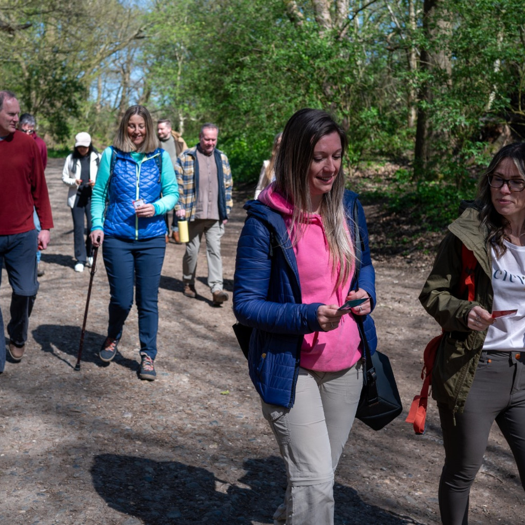 People walking through the forest smiling