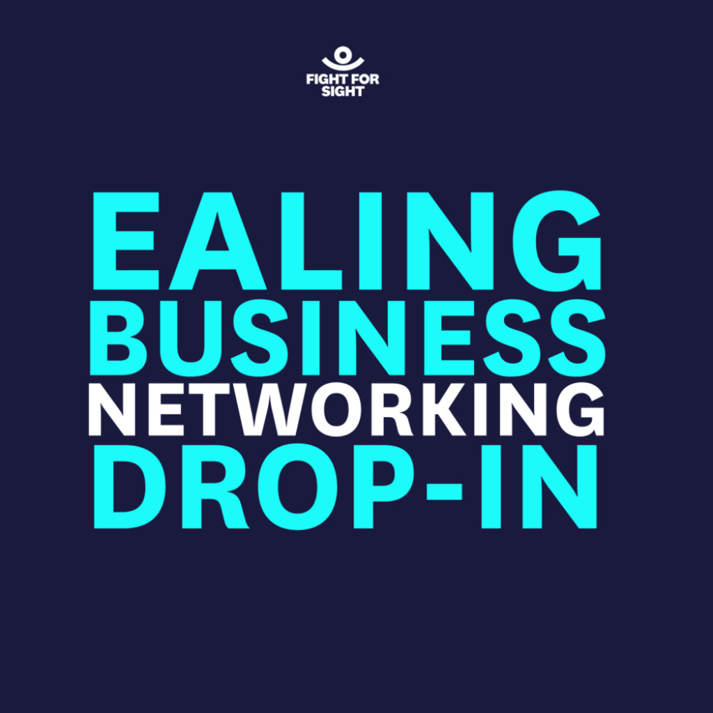 Navy blue square with the works Ealing business networking drop-in in cyan and white