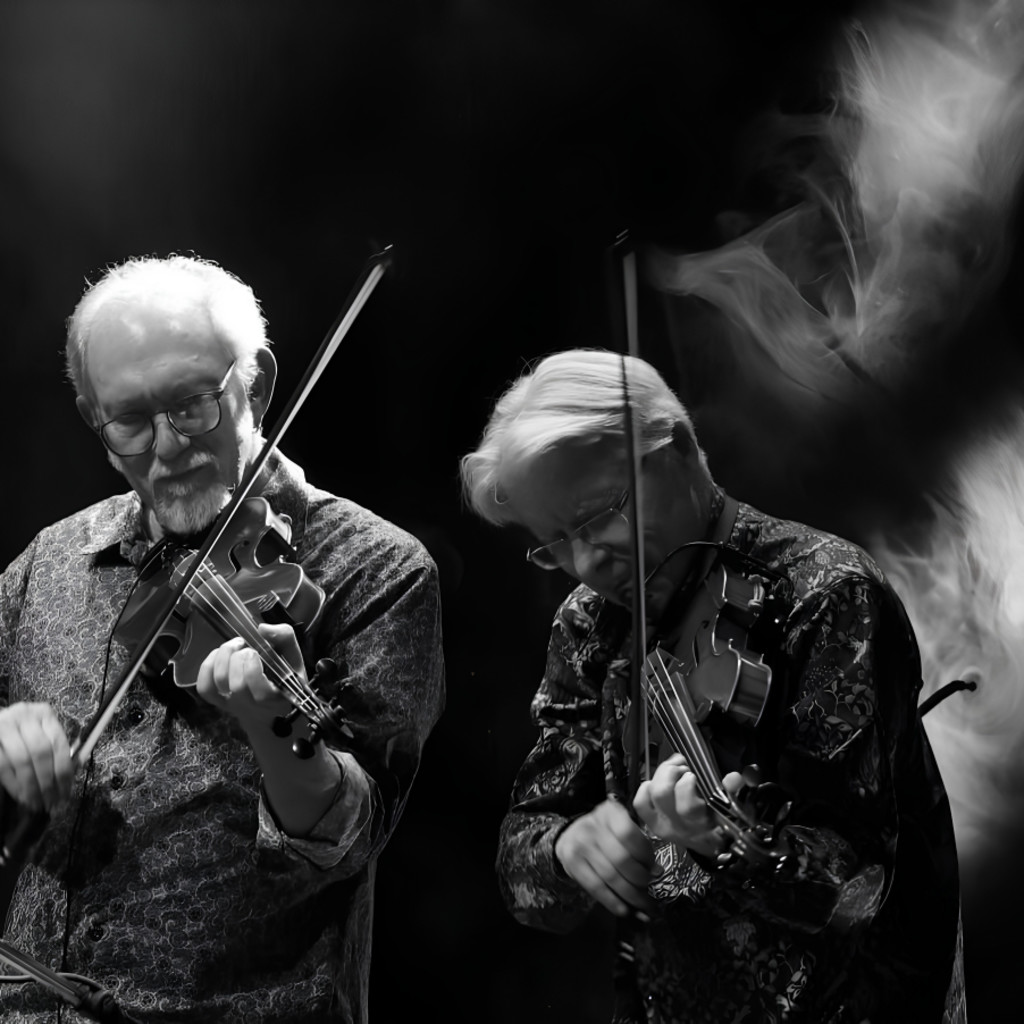 The image features Darol Anger and Bruce Molsky in black and white, standing and playing their fiddles