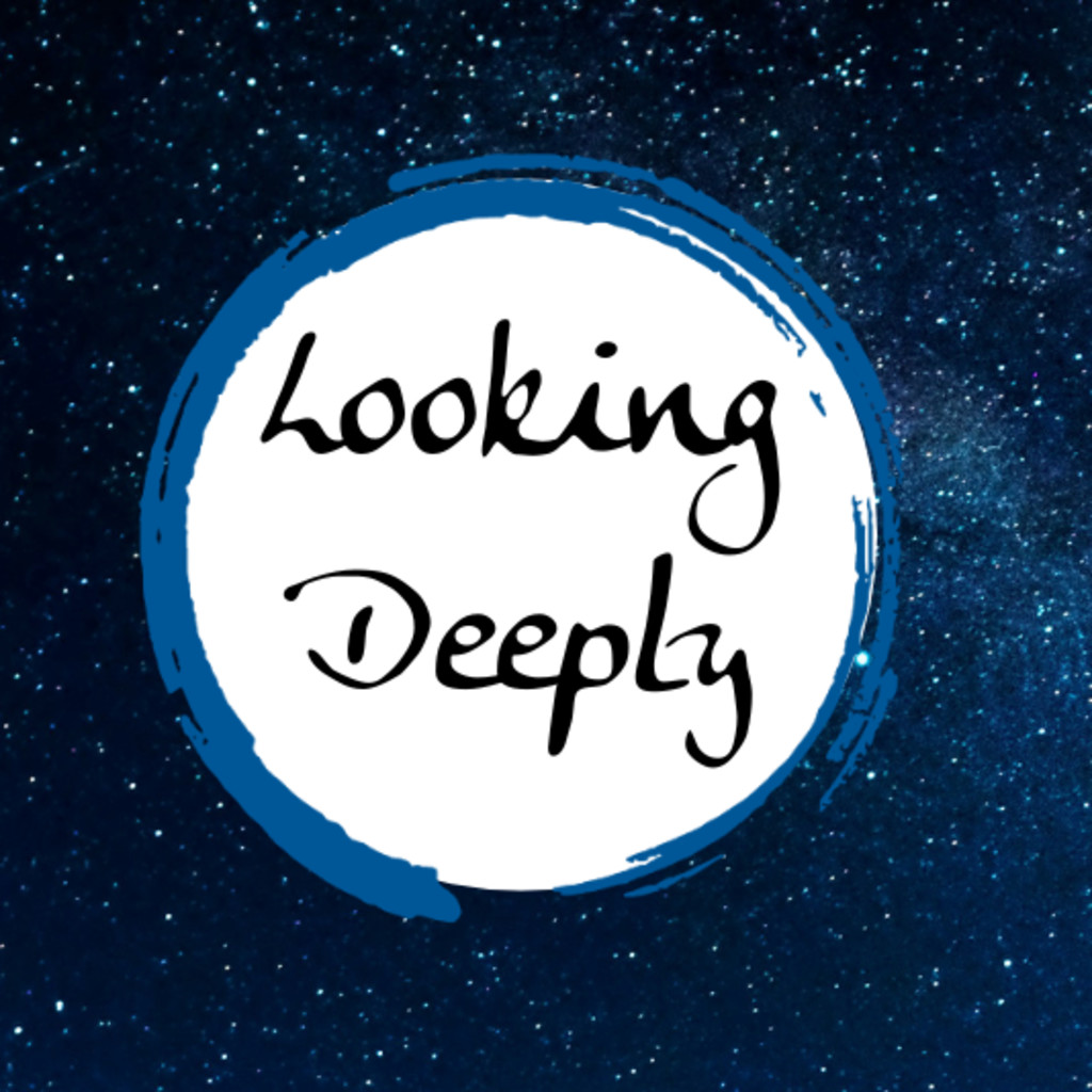 Calligraphy that says Looking Deeply, against a background of dark blue sky, stars and tress.