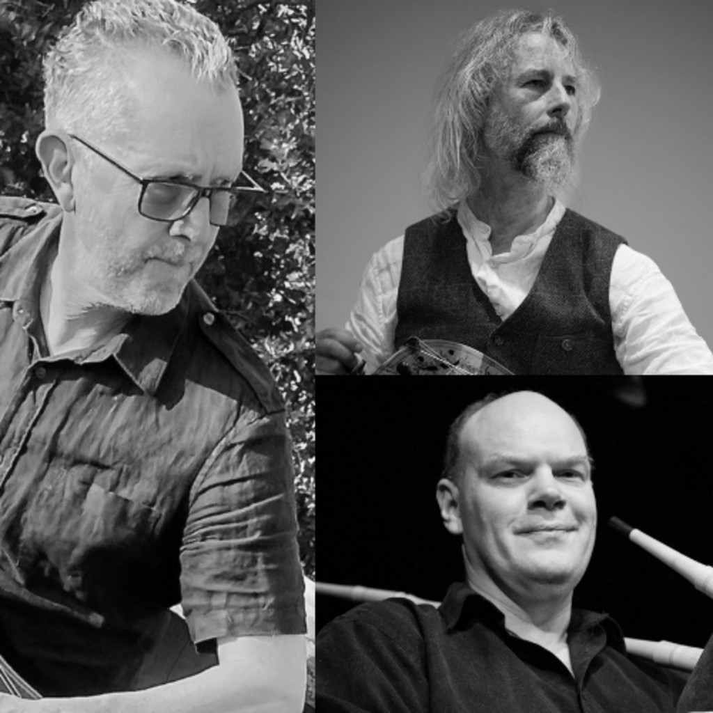 Black and White collage of three photos, of three men. One man on the left, with short hair and glasses. The top right man has long hair and a waistcoat, and the bottom man is balding.