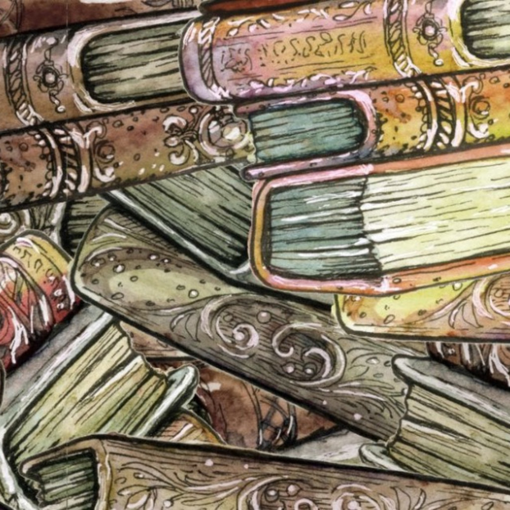 abstract pile of colourful old books at odd angles
