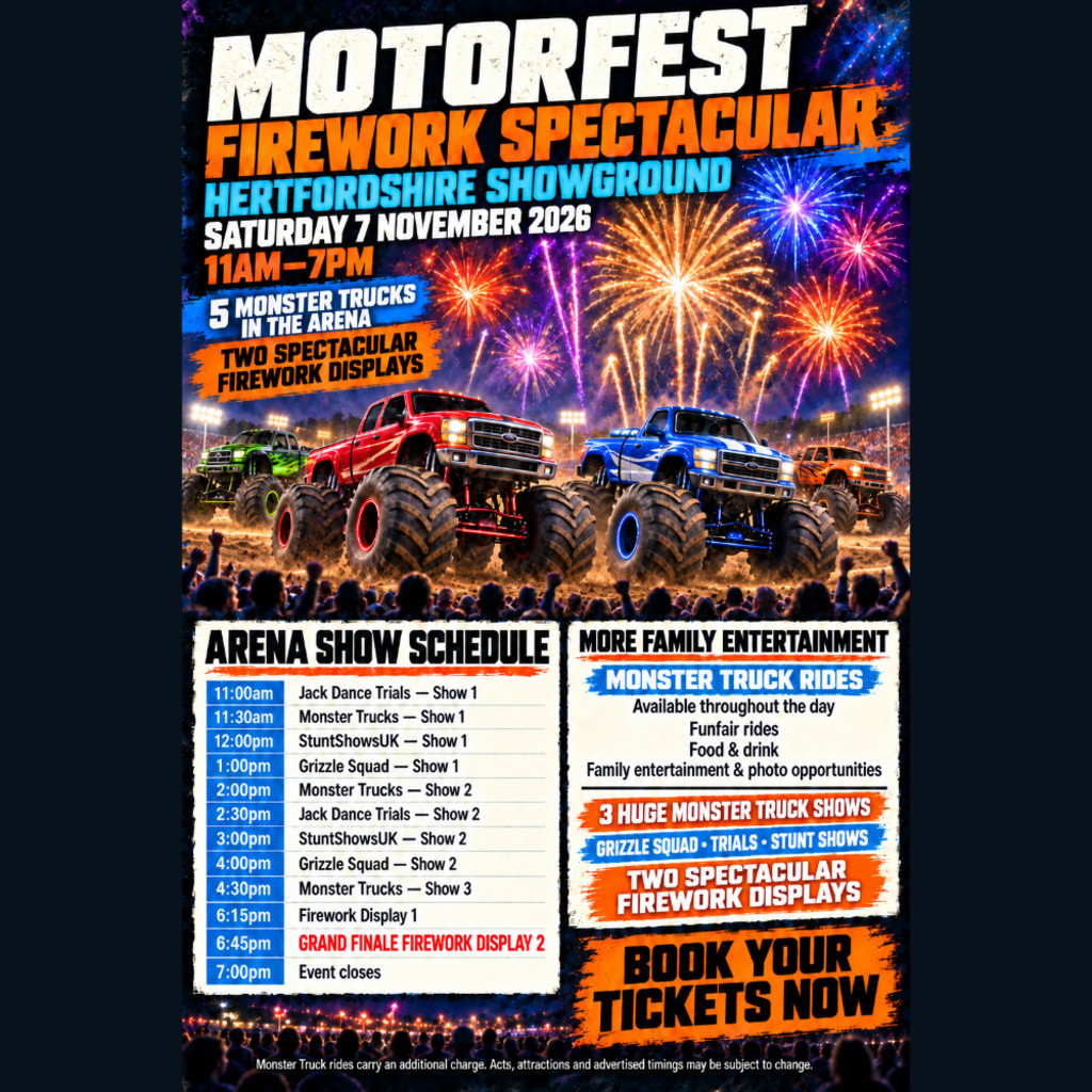 Hertfordshire Motorfest Firework Spectacular poster with full arena schedule