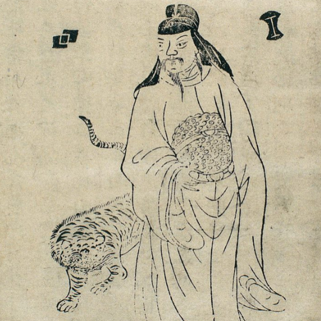 An ancient chinese drawing depicting a man with a tiger