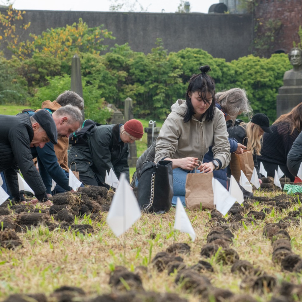 A group of people planting bulbs