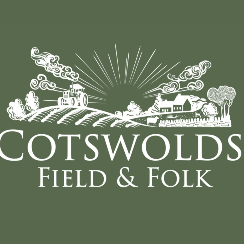 Cotswolds: Field & Folk logo. White etchings of a countryside scene on a dark green background