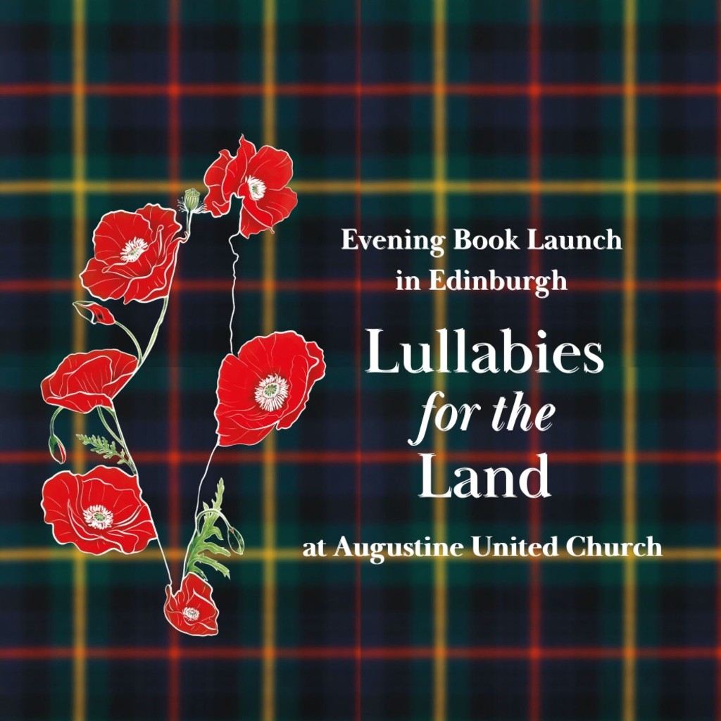 The text Lullabies for the Land with part of the book cover’s image of poppies and the map outline of Palestine