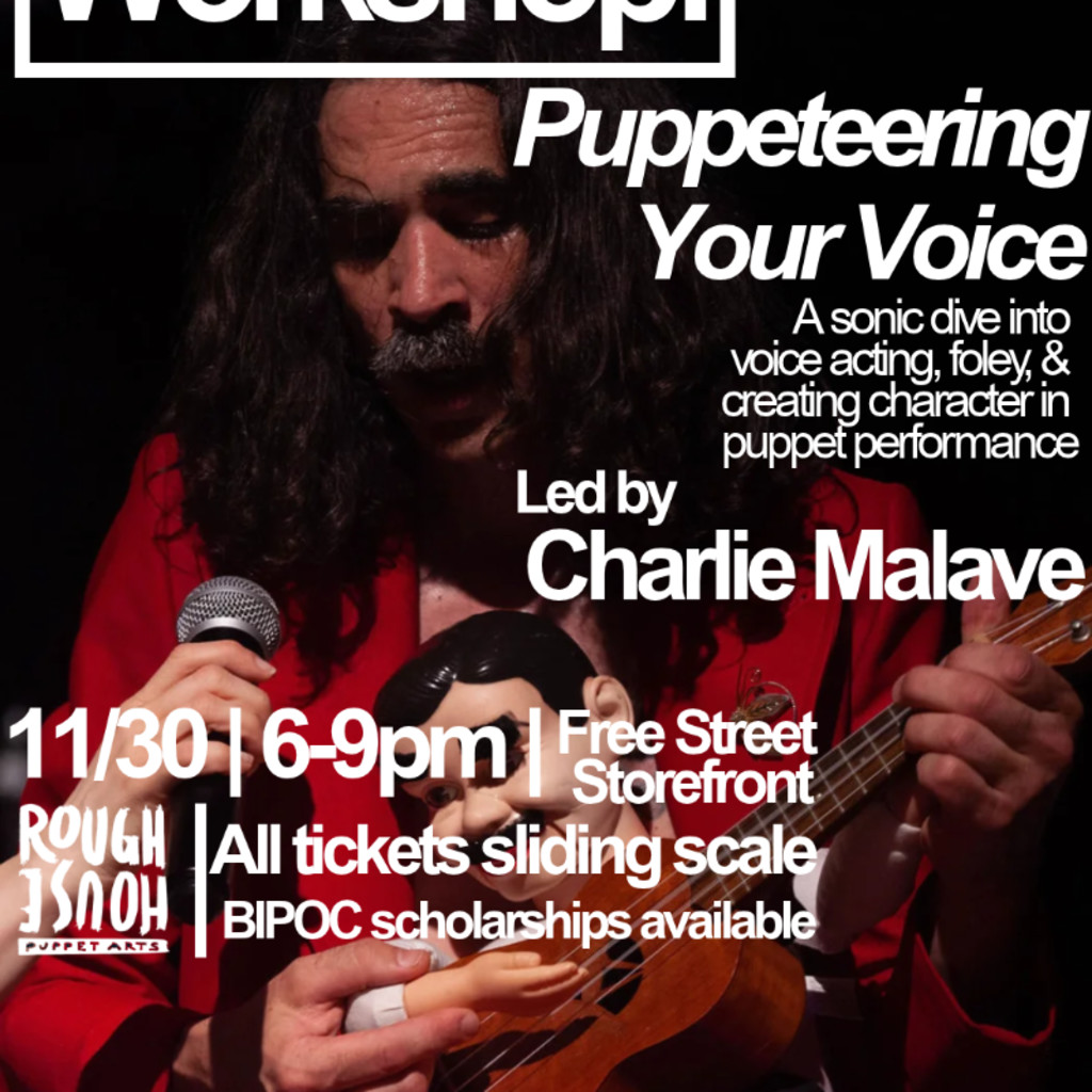 Image of Charlie Malave, a long haired mustached man in a bright red suit playing a guitar with a puppet on his lap.
