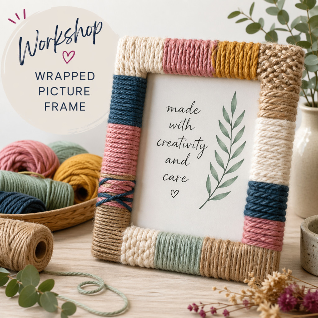 Picture frame wrapped in different coloured yarns with a bowl of coloured yarns beside it