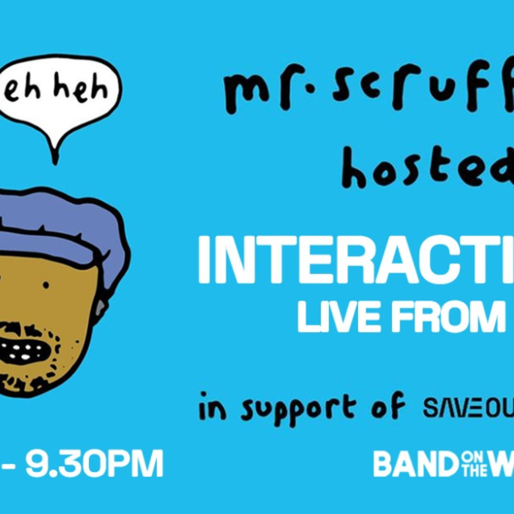 Poster advertising a livestream DJ set by Mr Scruff, Luke Una, and MC Kwasi on March 16 at 4pm UK. There are three potato-head style characters each saying "keep it unreal", "move it on" and "eh heh"