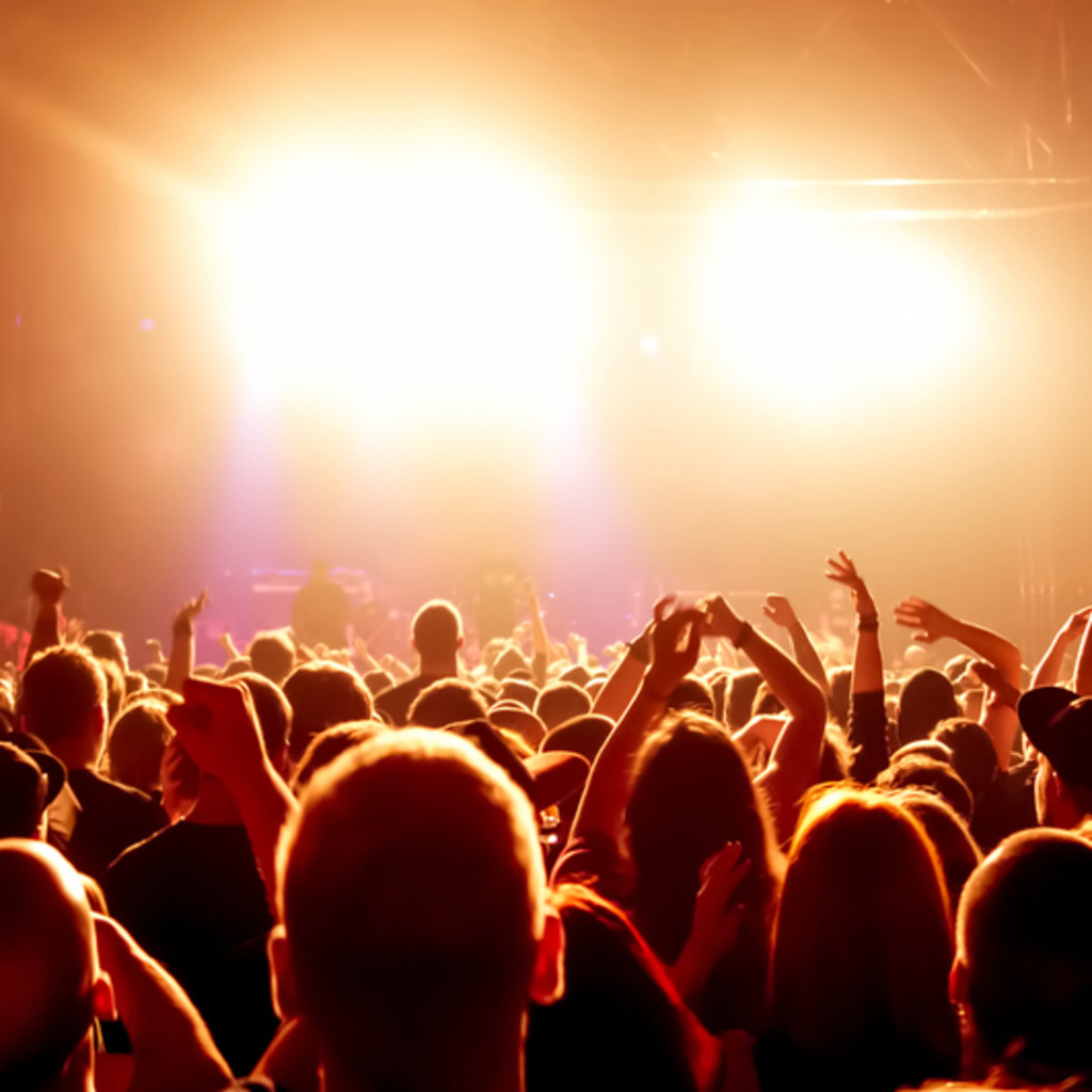 Group of people at a concert looking towards the bright lights of the stage