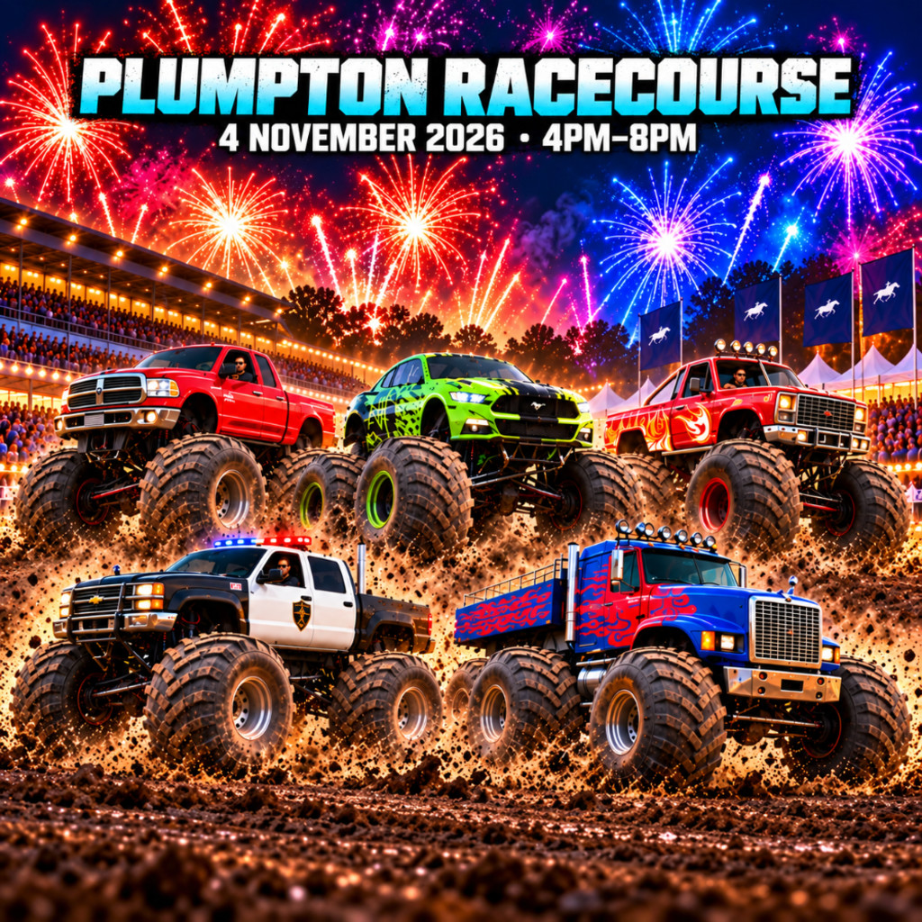 Five monster trucks beneath fireworks at Plumpton Racecourse, 4 November 2026.