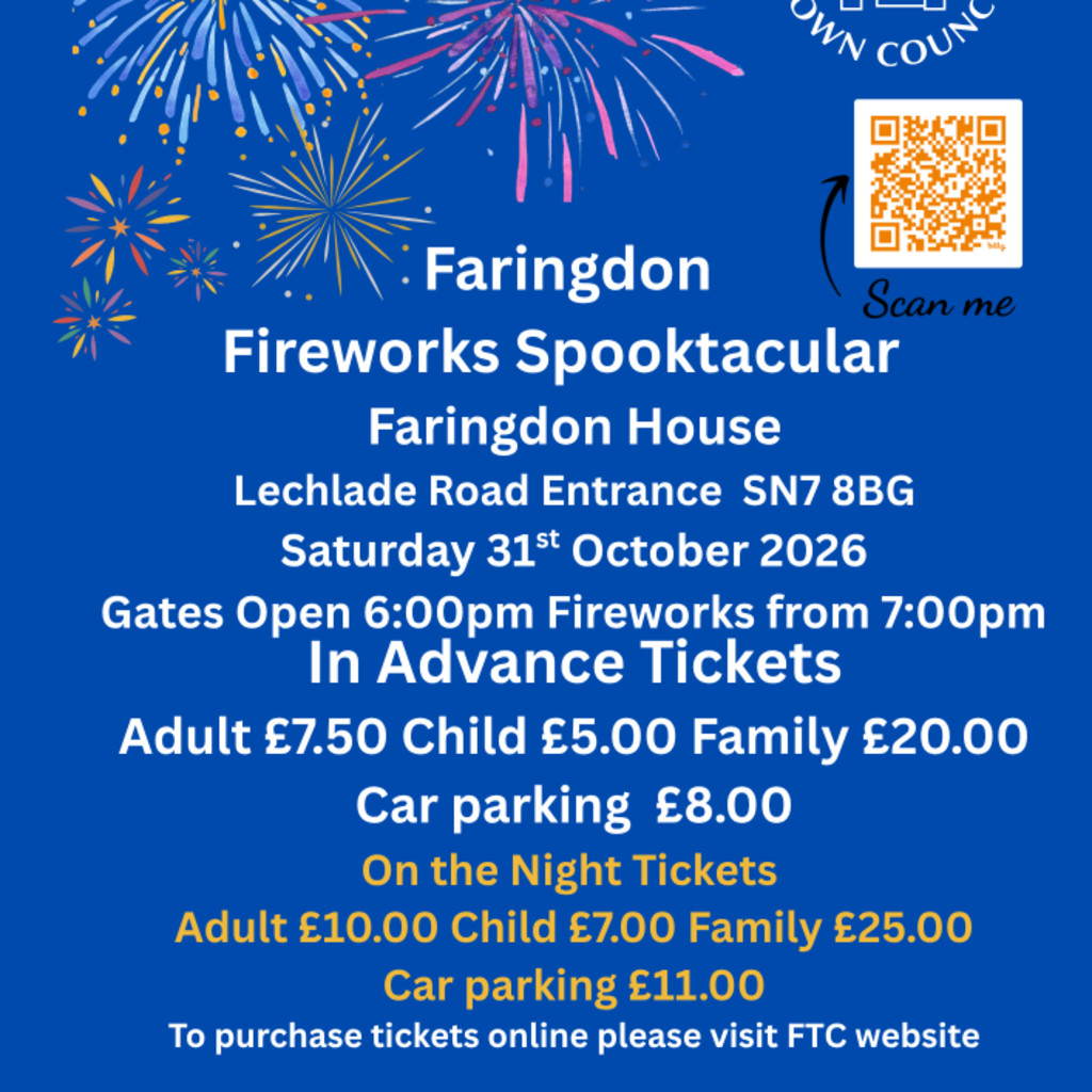 Faringdon Fireworks Spooktacular event Saturday 31st October.  Faringdon House Grounds (Lechlade Road entrance). Gates open at 6.00pm. Finish time is 9.00pm.