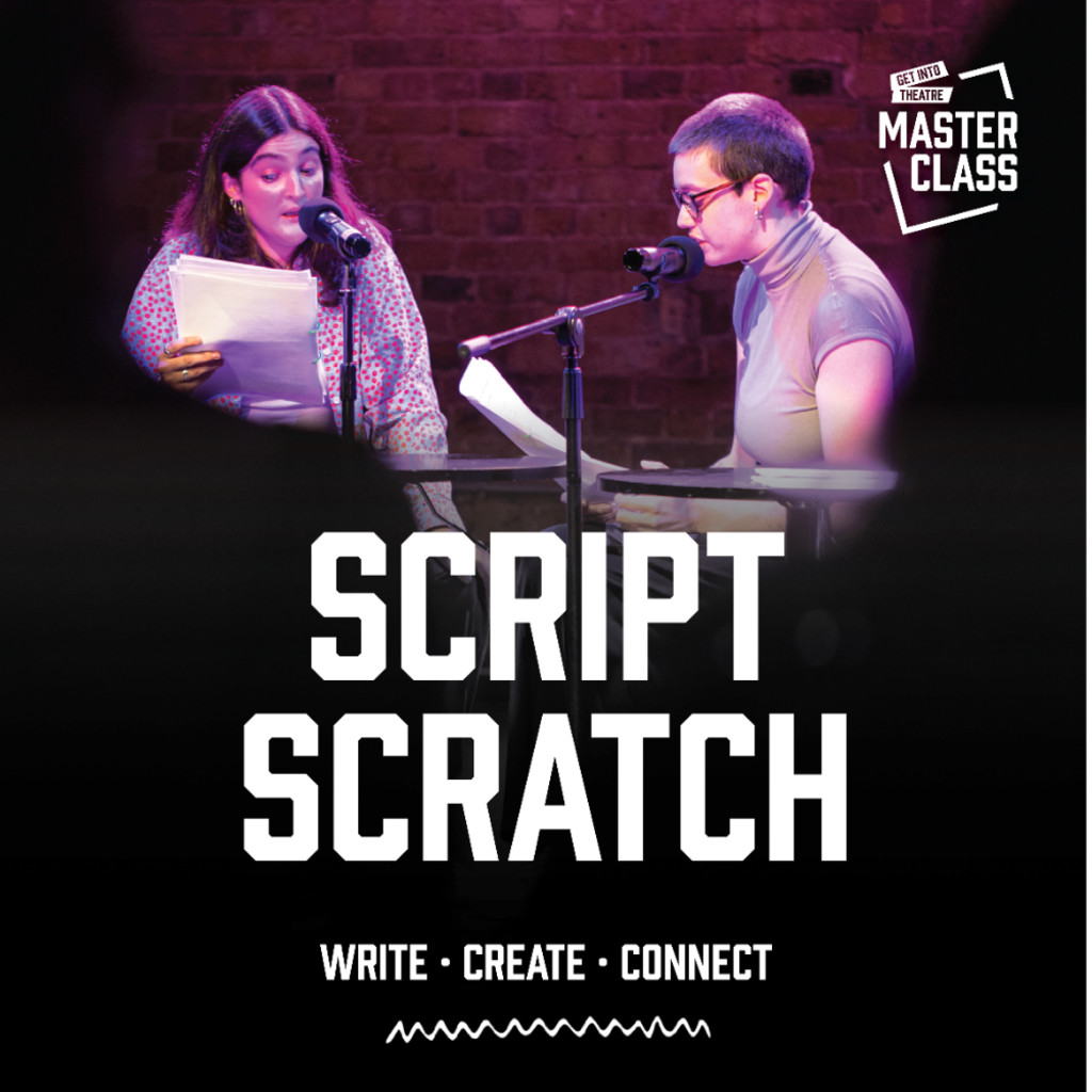 Three young actors sit at a table reading a piece to an audience.