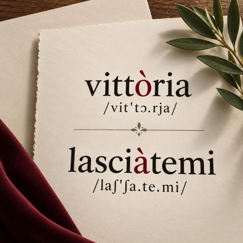 Italian words vittòria and lasciàtemi with tonic stress and IPA notation on a cream study card for an Italian opera text workshop.