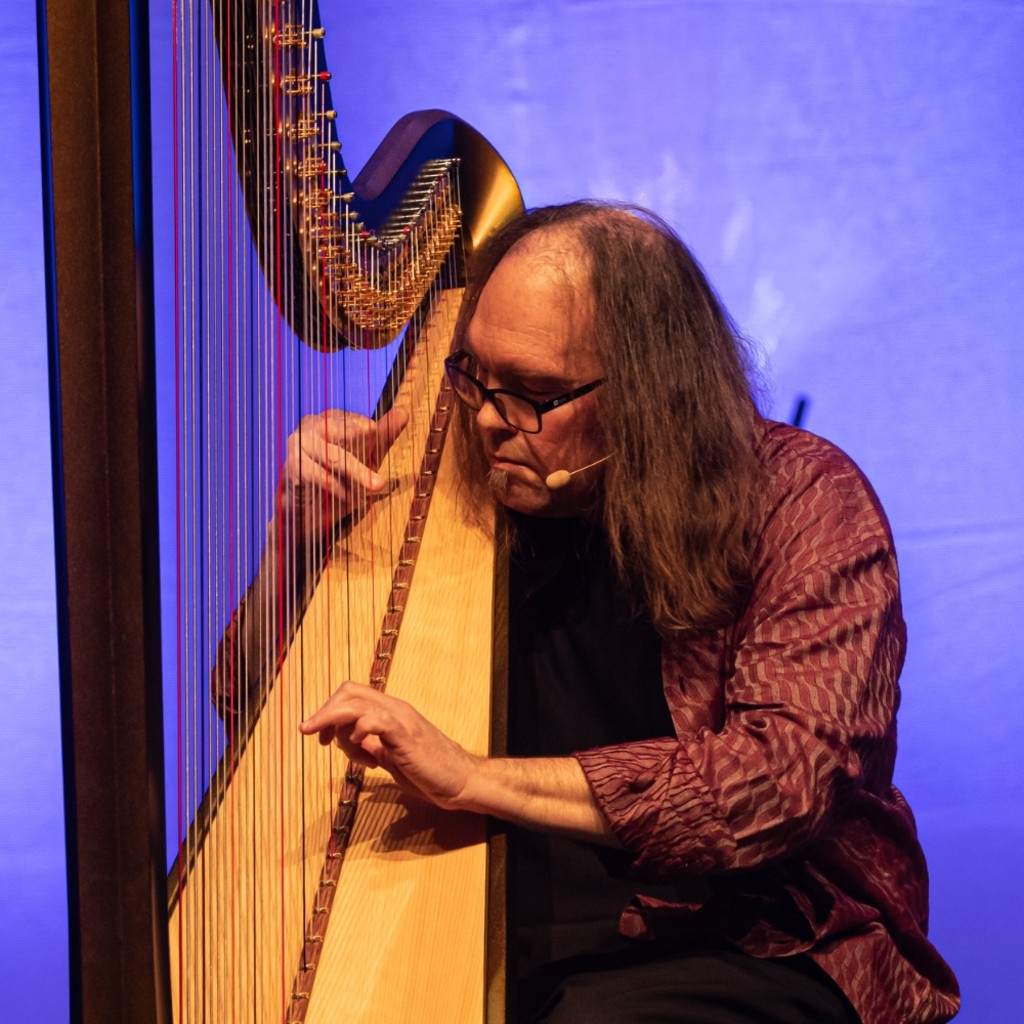 Image of funky looking white male called Park, playing a big harp in a jazzy way