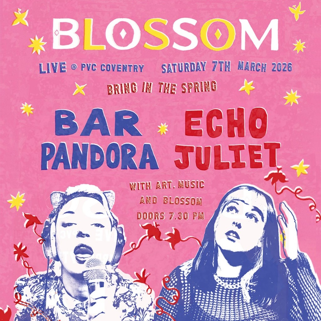 A female music artist is pictured in monochrome, entwined in vines of flowers alongside the text " Live at PVC Coventry, Saturday 7th March, Bar Pandora + guest tbc