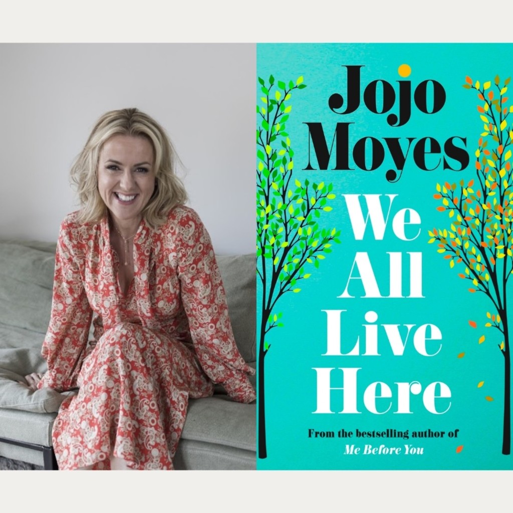 A woman in a patterned red dress sat on a sofa, beside an image of the front cover of a book