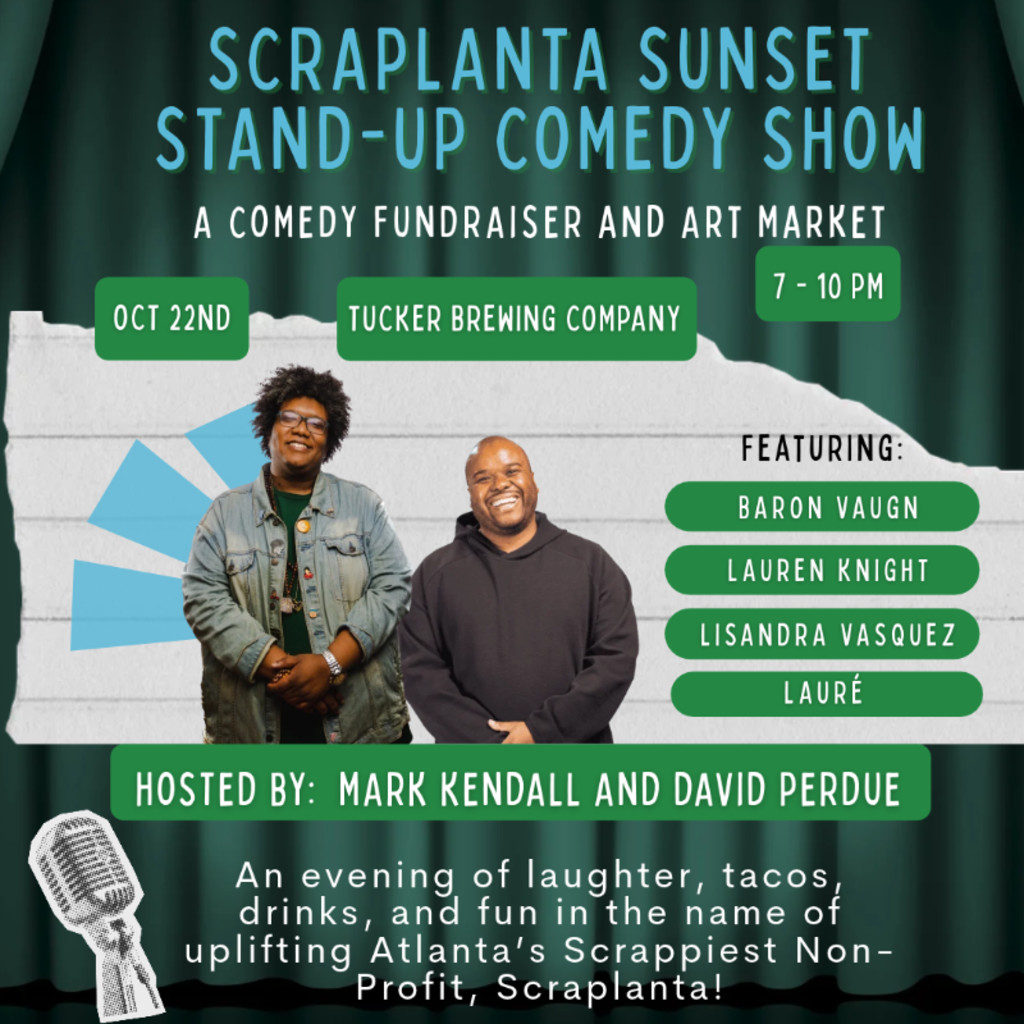 Sunset Stand-up Comedy Show with a microphone and stages lights "an evening of fun, laughter, and crafting. Uplights Atlanta Sustainable Arts Community"