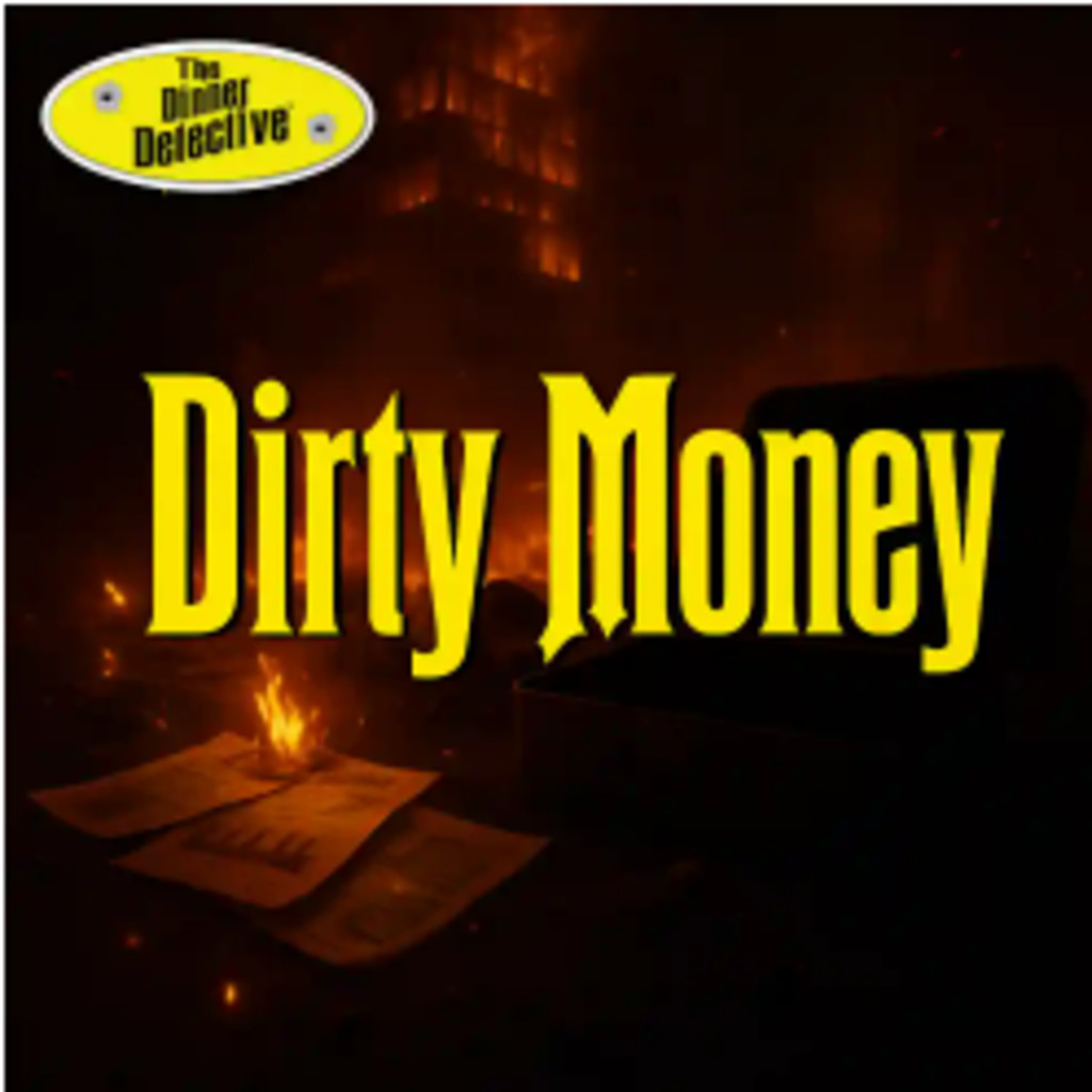A dimly lit street scene with papers on fire near an open car trunk. Large yellow text reads A Noteworthy Crime. The Dinner Detective logo appears in the top left corner.