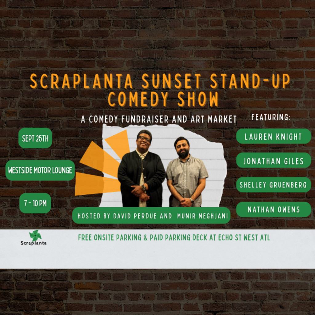 Sunset Stnad-up Comedy Show with a microphone and stages lights "an evening of fun, laughter, and crafting. Uplights Atlanta Sustainable Arts Community"