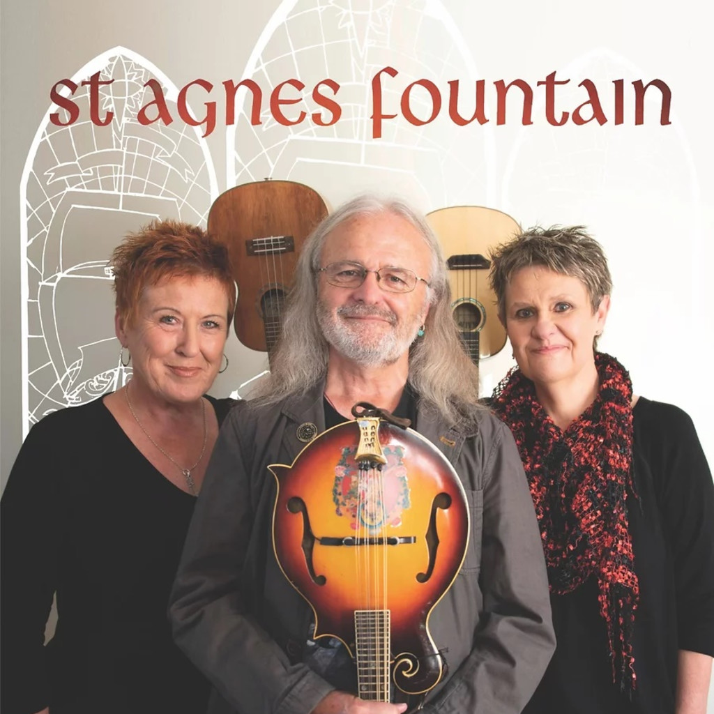 St Agnes Fountain trio holding their instruments upside down against a grey background with a line drawing and text that reads 'St Agnes Fountain' at the top.