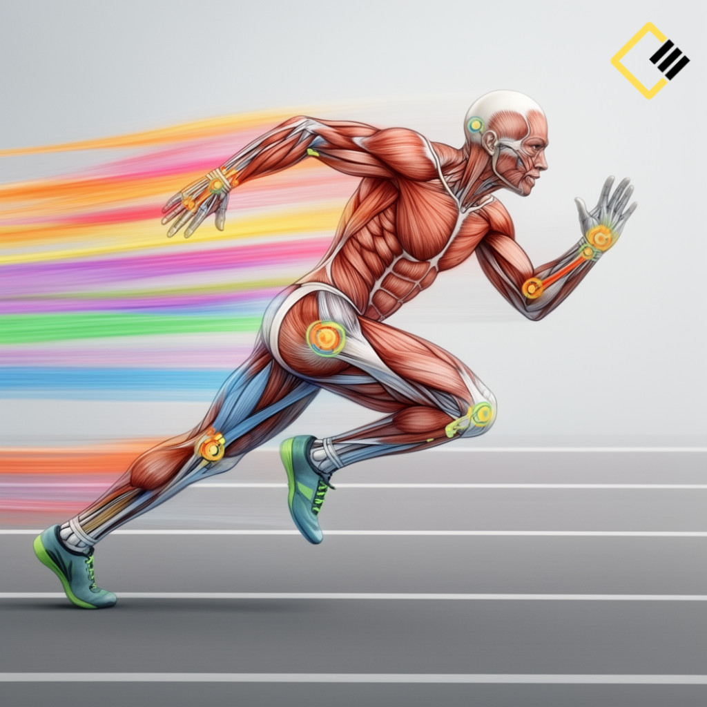 Illustration of a muscular humanoid figure in motion, displaying exposed anatomy. Colourful trails follow, symbolizing speed on a grey track.