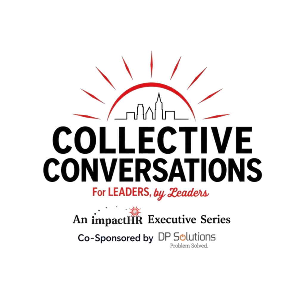 Words "Collective Conversations: For Leaders. By Leaders." with a sunrise over a cityscape