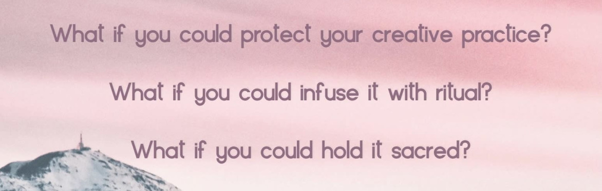 A pink and grey skyscape with text: Opening Sacred Space for Creative Practice / a workshop with E. amato