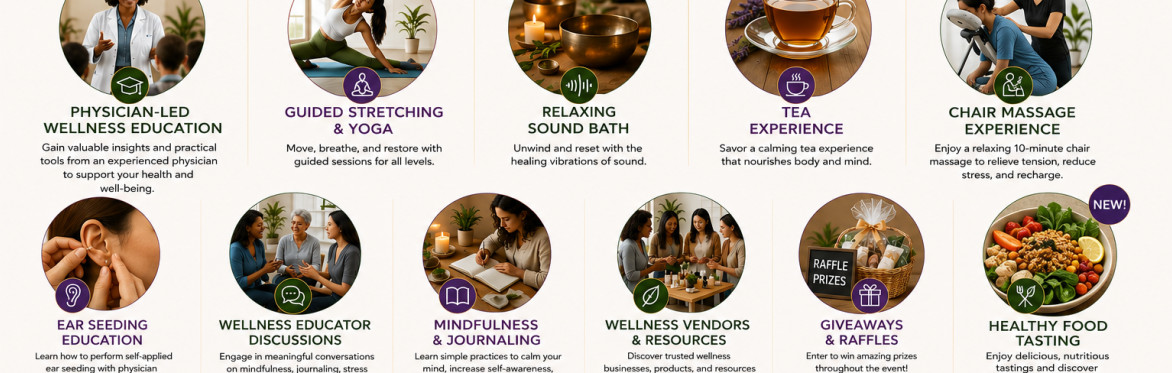 Community Wellness Experience banner featuring the PEDS 360+ logo and the Elite Integrative Wellness Center logo side by side. The design includes purple orchids, stacked spa stones, green & purple