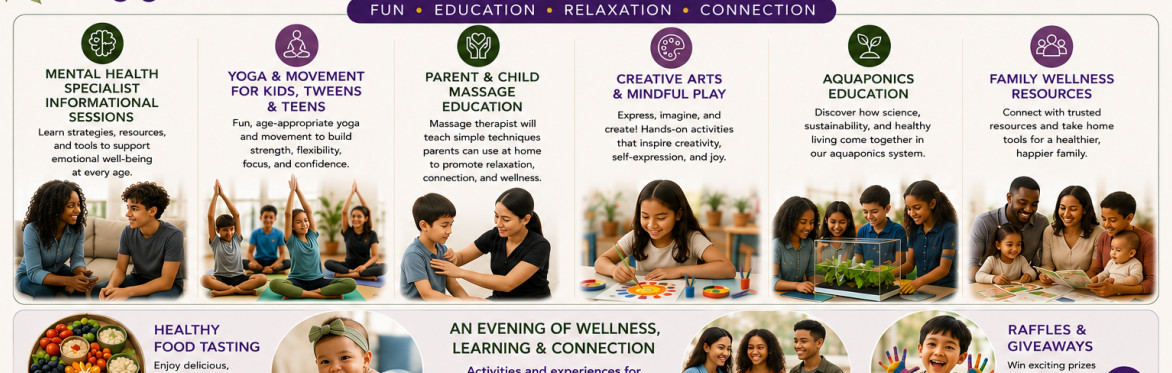 Community Wellness Experience banner featuring the PEDS 360+ logo and the Elite Integrative Wellness Center logo side by side. The design includes purple orchids, stacked spa stones, green & purple