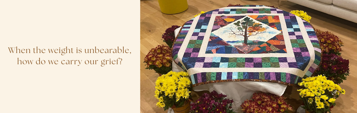 A logo and banner for HoneyGrief, a ritual-centered grief retreat in the Hudson Valley, featuring an emblem with a bee and heart motif alongside the tagline "Love and finding sweetness in grief."
