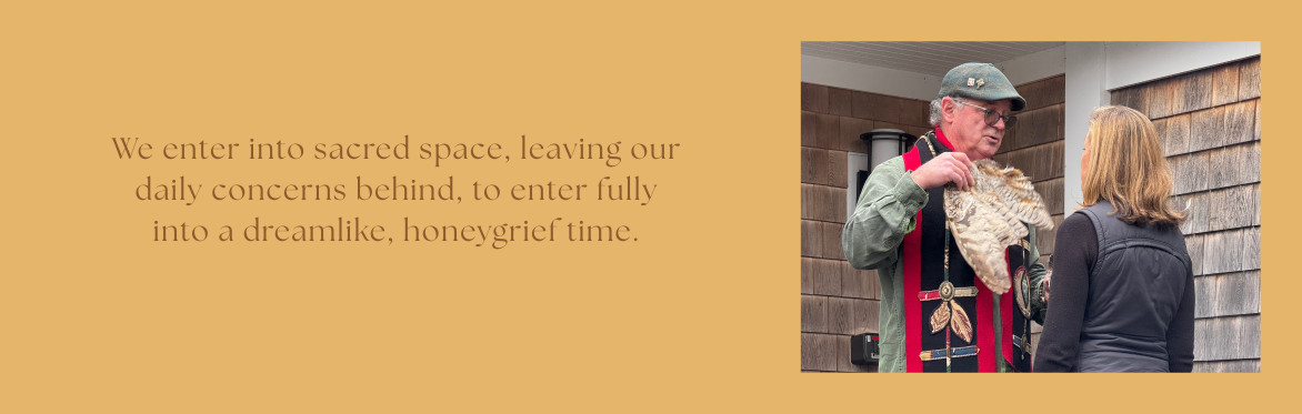 A logo and banner for HoneyGrief, a ritual-centered grief retreat in the Hudson Valley, featuring an emblem with a bee and heart motif alongside the tagline "Love and finding sweetness in grief."